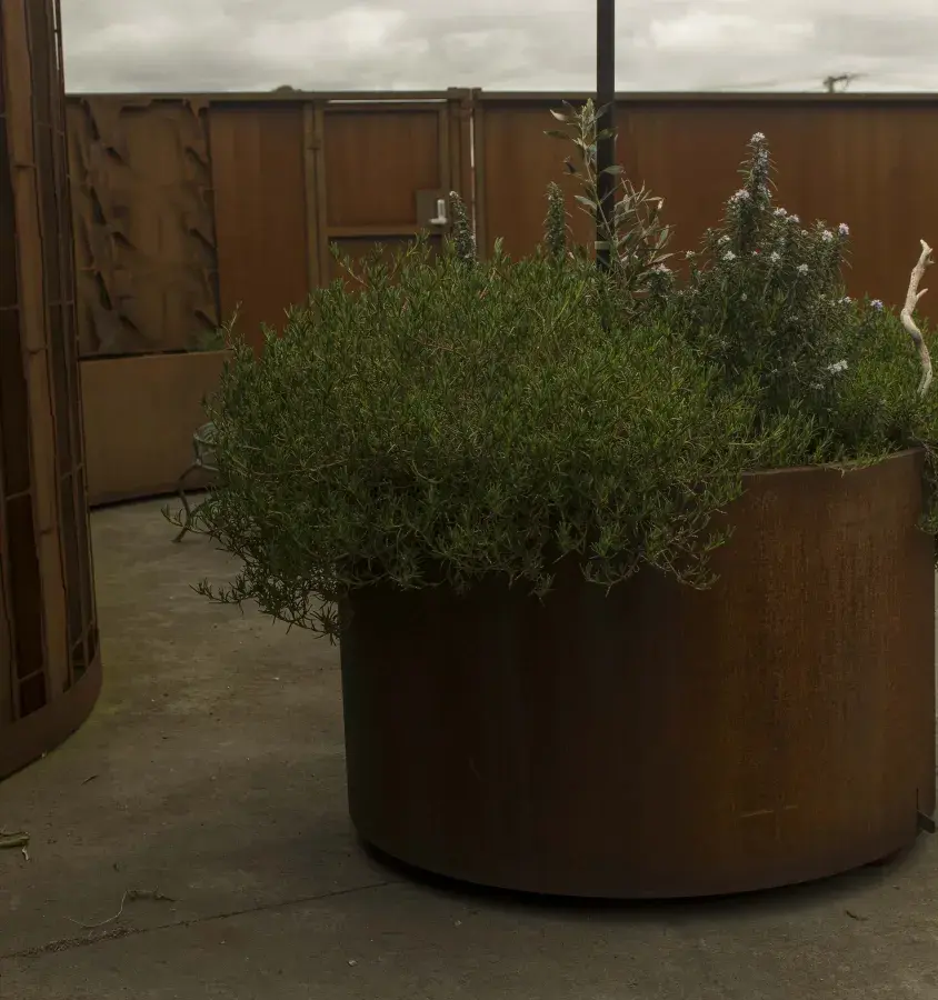 Custom corten planter boxes and matching gate
